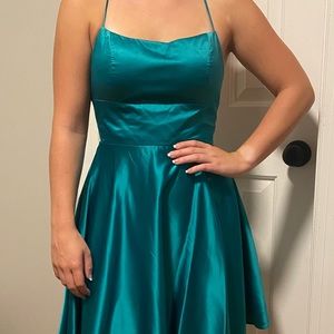 B. Darlin Satin Fit-And-Flare Dress in Jade Blue Homecoming / Prom